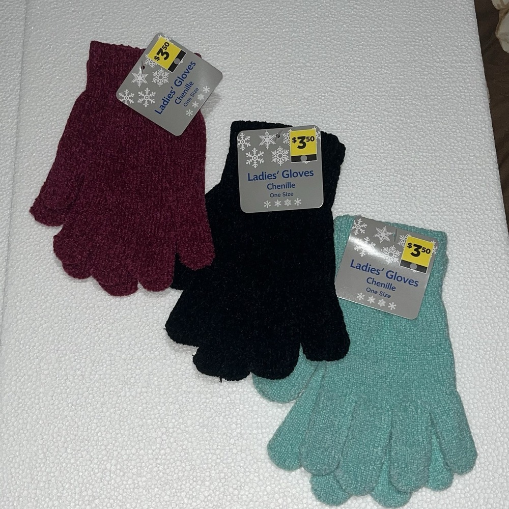 3 Pair Ladies Chenille Stretch Gloves - 3‎ Colors - One Size